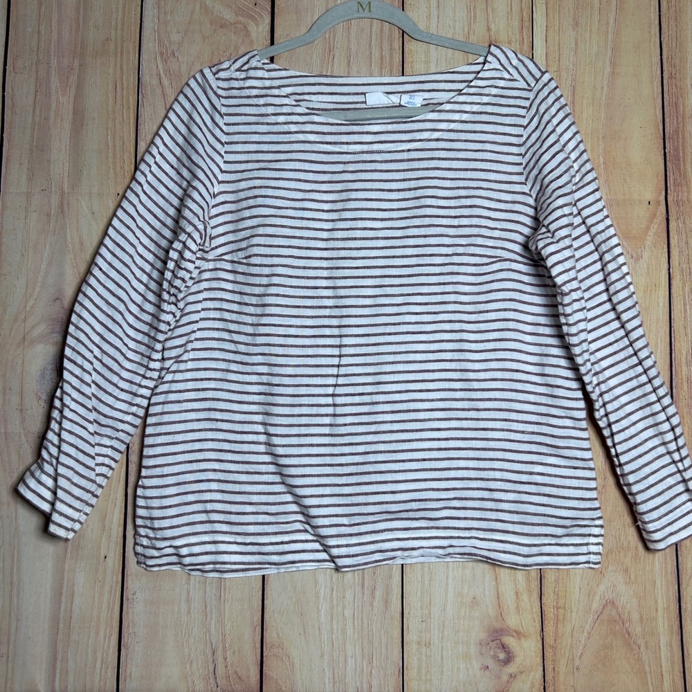 Sigrid Olsen Linen Top Womens S Brown White Striped Boat Neck Coastal Classic
